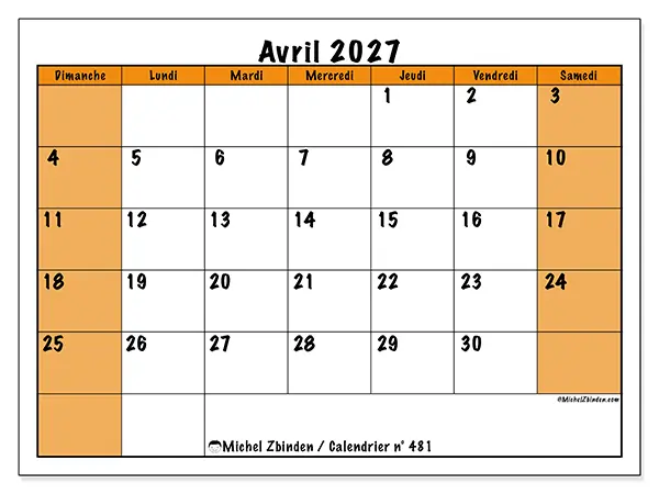 Calendrier avril 2027 à imprimer - Planning dynamique - Semaine du dimanche au samedi
