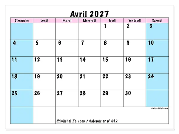 Calendrier avril 2027 à imprimer - Horaire d’équipe - Semaine du dimanche au samedi