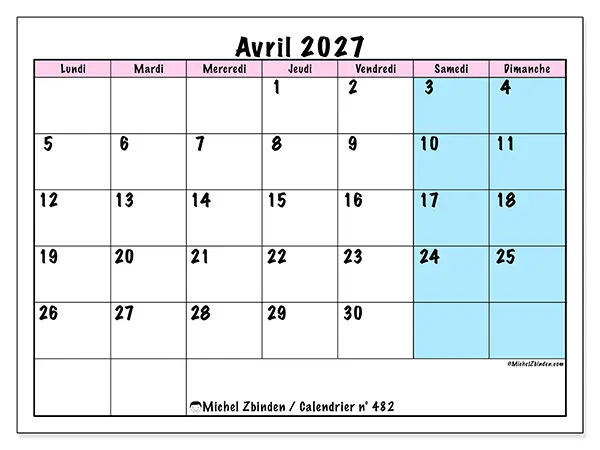 Calendrier avril 2027 à imprimer - Horaire d’équipe