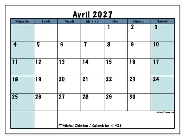 Calendrier avril 2027 à imprimer - Structuré pour l’école - Semaine du dimanche au samedi