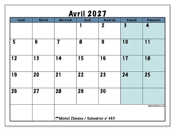 Calendrier avril 2027 à imprimer - Structuré pour l’école