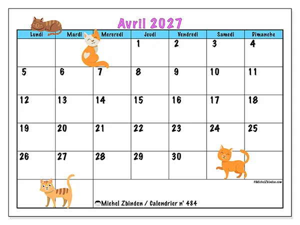 Calendrier avril 2027 à imprimer - Amour des chats
