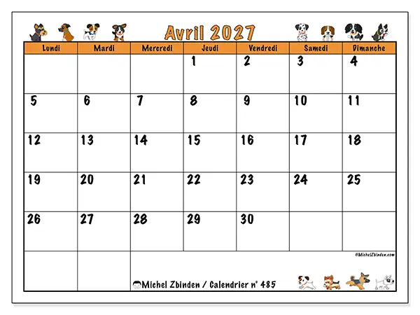 Calendrier avril 2027 à imprimer - Chiens enthousiastes