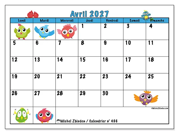Calendrier avril 2027 à imprimer - Oiseaux amusants