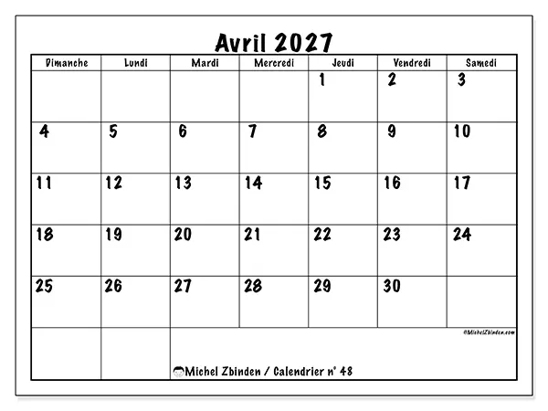 Calendrier avril 2027 à imprimer - Efficacité quotidienne - Semaine du dimanche au samedi