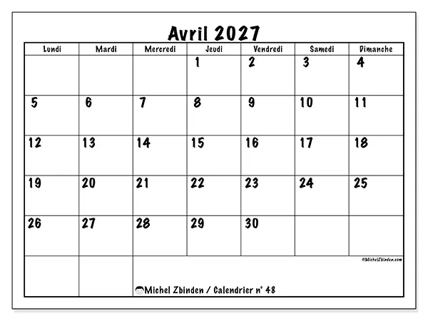 Calendrier avril 2027 à imprimer - Efficacité quotidienne