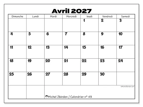 Calendrier avril 2027 à imprimer - Coordination productive - Semaine du dimanche au samedi
