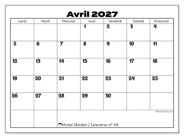 Calendrier avril 2027 à imprimer - Coordination productive