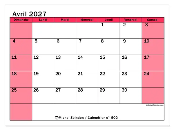 Calendrier avril 2027 à imprimer - Gestion lumineuse - Semaine du dimanche au samedi