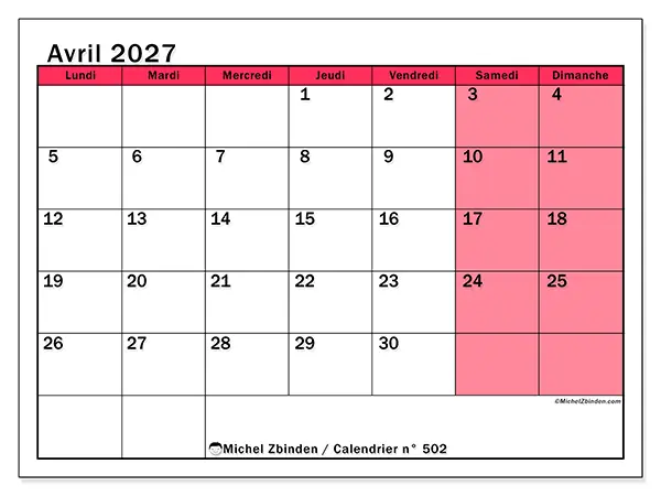 Calendrier avril 2027 à imprimer - Gestion lumineuse