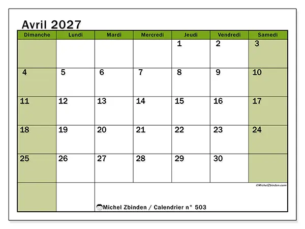 Calendrier avril 2027 à imprimer - Organisation vivante - Semaine du dimanche au samedi