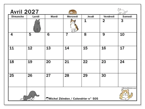 Calendrier avril 2027 à imprimer - Vie de chat - Semaine du dimanche au samedi