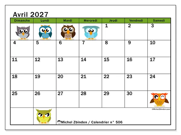 Calendrier avril 2027 à imprimer - Hiboux amusants - Semaine du dimanche au samedi