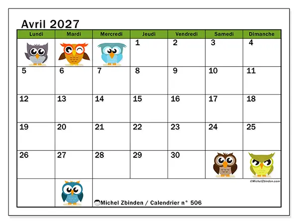 Calendrier avril 2027 à imprimer - Hiboux amusants