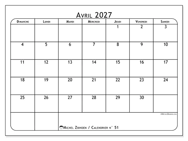 Calendrier avril 2027 à imprimer - Programme des repas - Semaine du dimanche au samedi