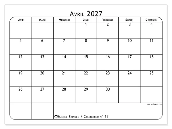 Calendrier avril 2027 à imprimer - Programme des repas