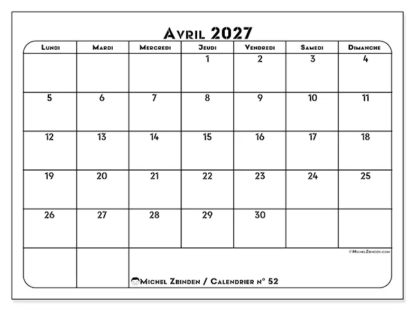 Calendrier avril 2027 à imprimer - Organisation professionnelle