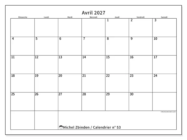 Calendrier avril 2027 à imprimer - Horaire efficace - Semaine du dimanche au samedi