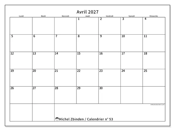Calendrier avril 2027 à imprimer - Horaire efficace