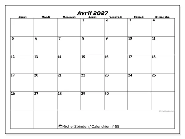 Calendrier avril 2027 à imprimer - Organisation des loisirs