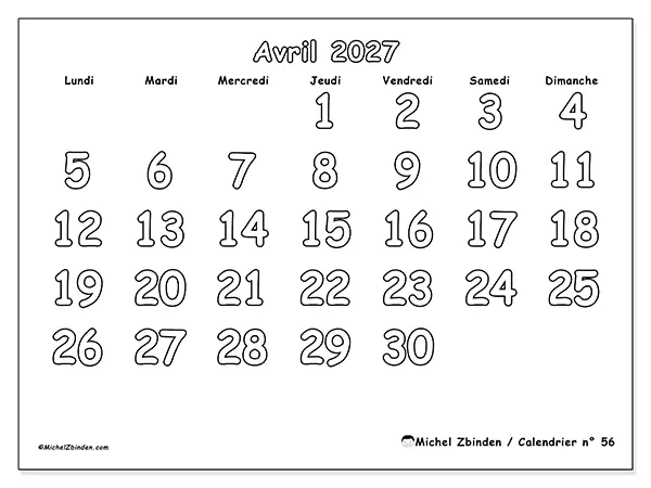 Calendrier avril 2027 à imprimer - Coloriage utile
