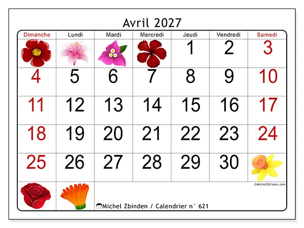Calendrier avril 2027 à imprimer - Grandes fleurs - Semaine du dimanche au samedi