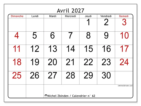 Calendrier avril 2027 à imprimer - Lecture rapide - Semaine du dimanche au samedi
