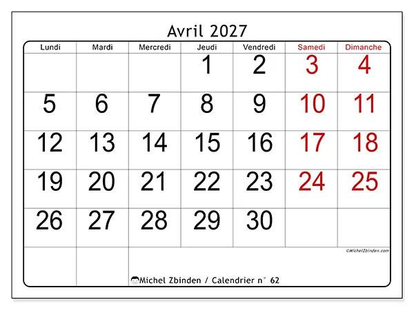 Calendrier avril 2027 à imprimer - Lecture rapide