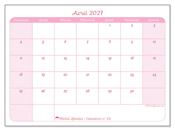 Calendrier avril 2027 à imprimer - Organisation en douceur - Semaine du dimanche au samedi