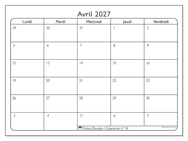 Calendrier avril 2027 à imprimer - Organisation du travail