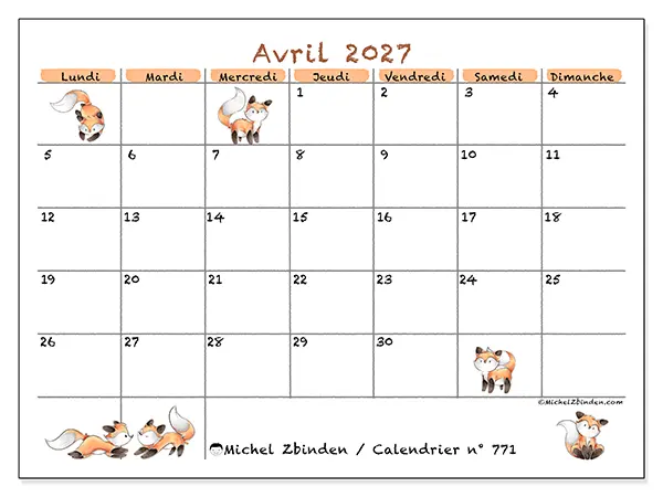 Calendrier avril 2027 à imprimer - Dessins de renards
