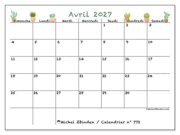 Calendrier avril 2027 à imprimer - Cactus décoratifs - Semaine du dimanche au samedi