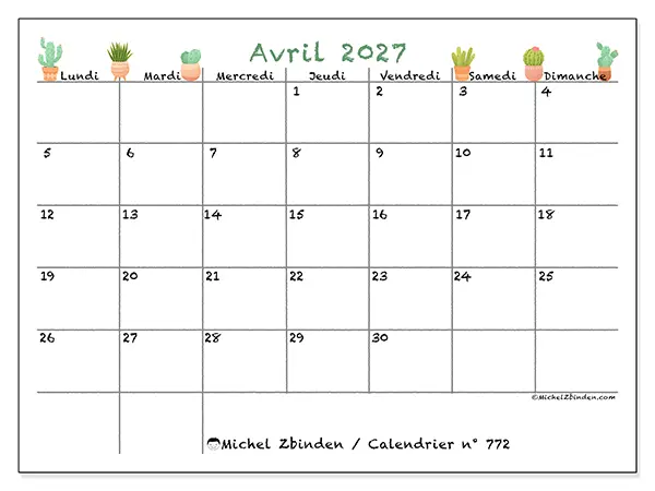 Calendrier avril 2027 à imprimer - Cactus décoratifs