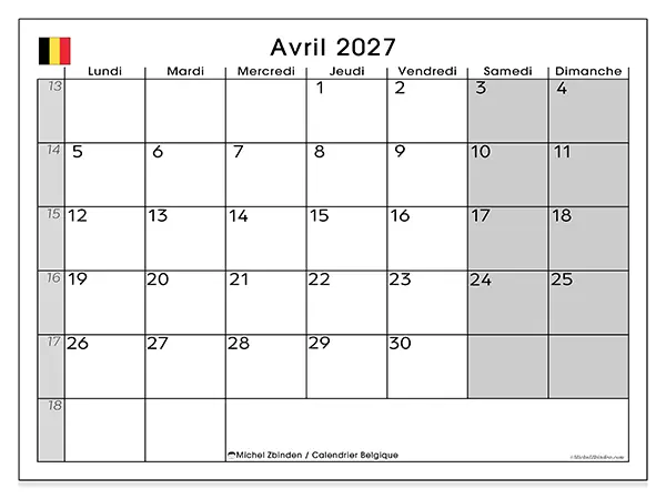 Calendrier avril 2027 à imprimer - Belgique