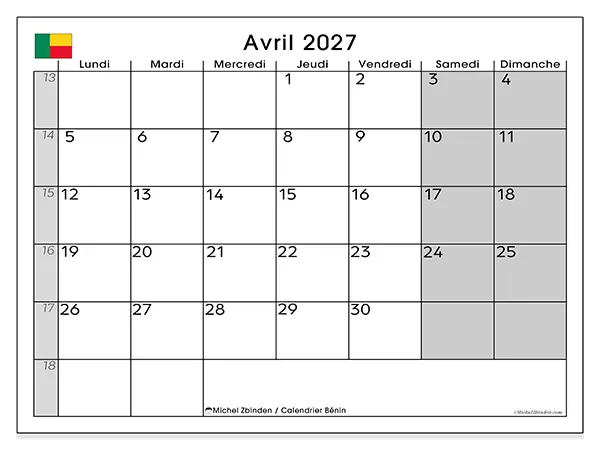Calendrier avril 2027 à imprimer - Bénin