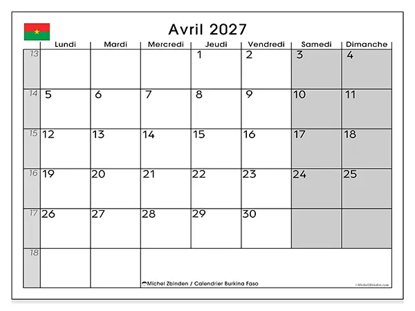 Calendrier avril 2027 à imprimer - Burkina Faso