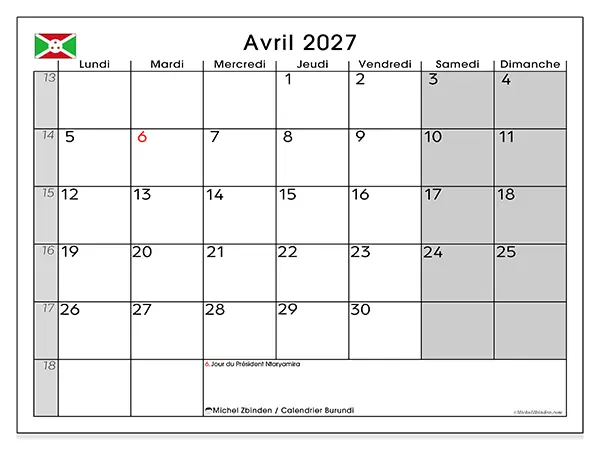 Calendrier avril 2027 à imprimer - Burundi