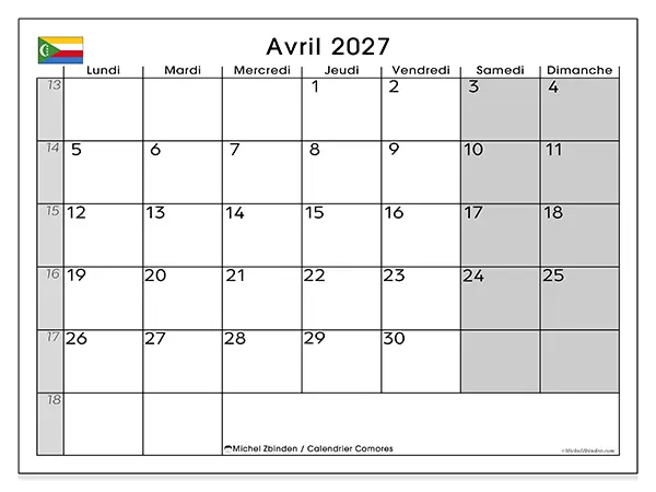Calendrier avril 2027 à imprimer - Comores