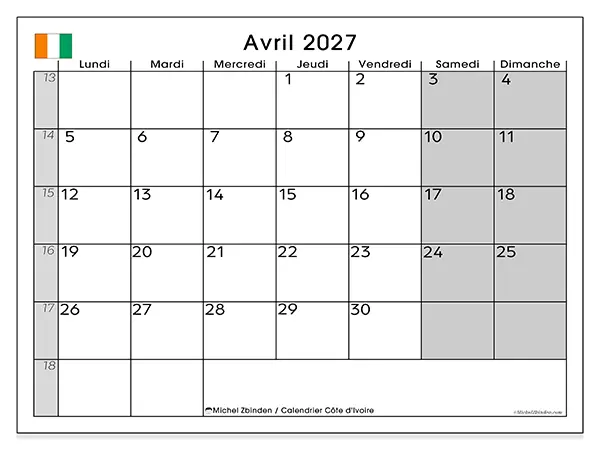 Calendrier avril 2027 à imprimer - Côte d’Ivoire