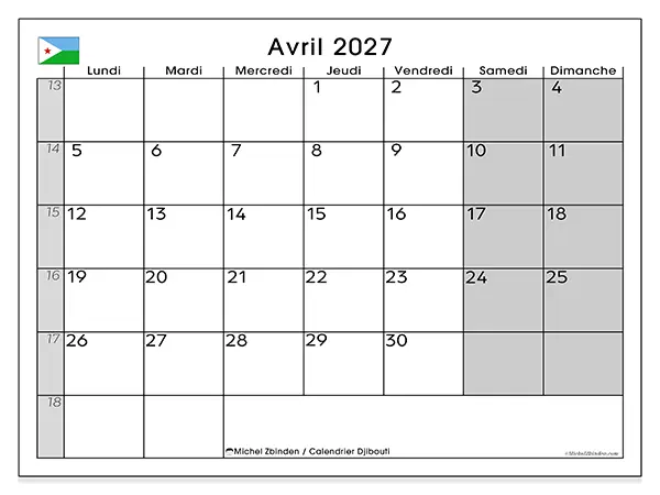 Calendrier avril 2027 à imprimer - Djibouti
