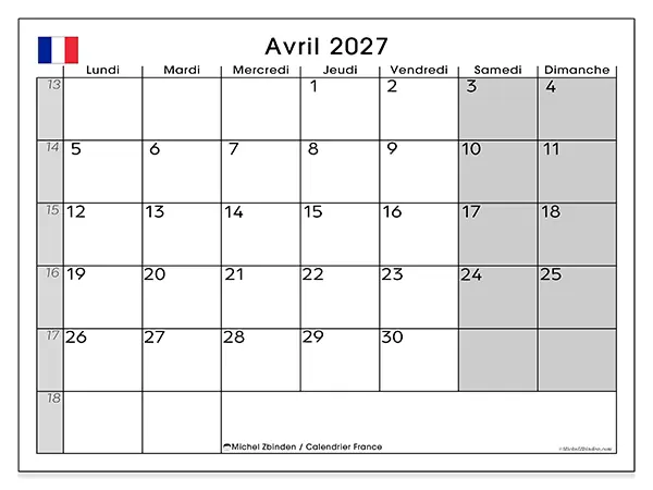 Calendrier avril 2027 à imprimer - France