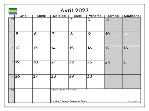 Calendrier avril 2027 à imprimer - Gabon