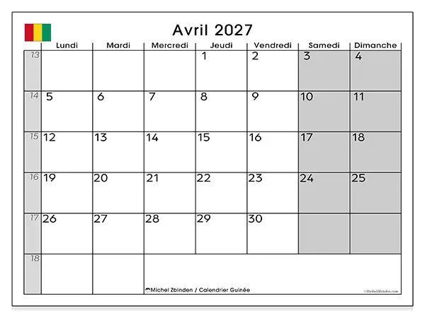 Calendrier avril 2027 à imprimer - Guinée