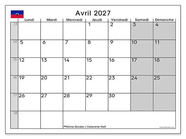 Calendrier avril 2027 à imprimer - Haïti