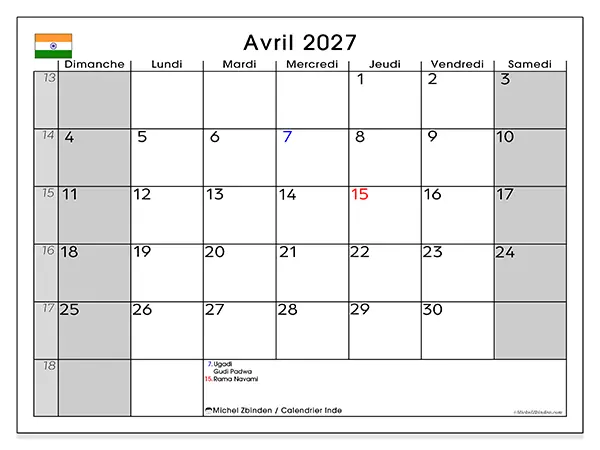 Calendrier avril 2027 à imprimer - Inde
