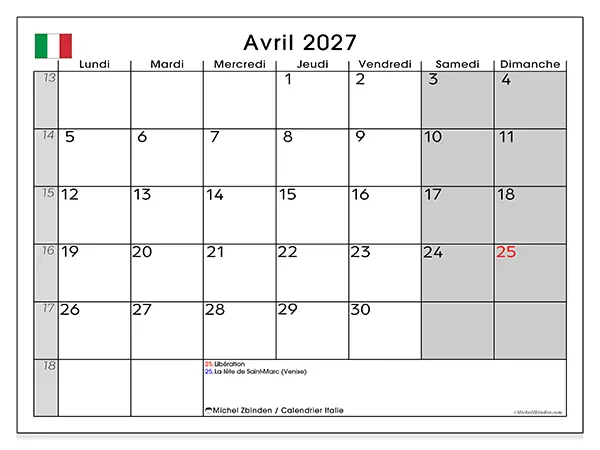 Calendrier avril 2027 à imprimer - Italie