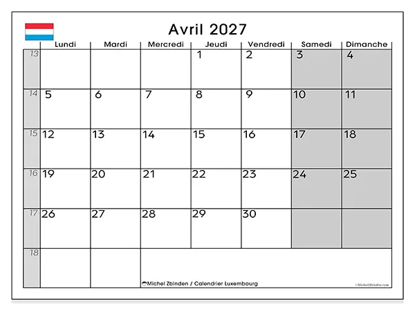 Calendrier avril 2027 à imprimer - Luxembourg