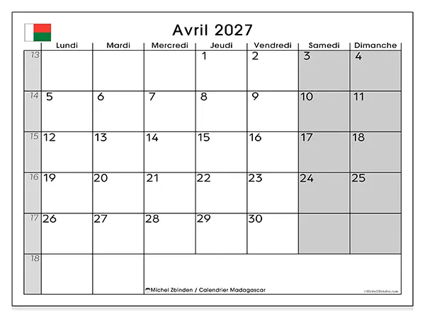 Calendrier avril 2027 à imprimer - Madagascar