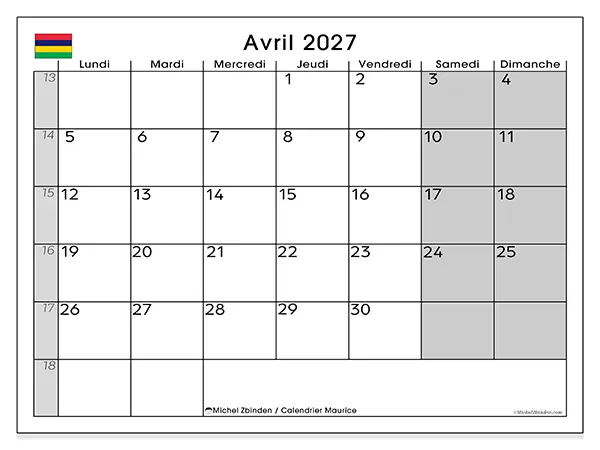 Calendrier avril 2027 à imprimer - Maurice