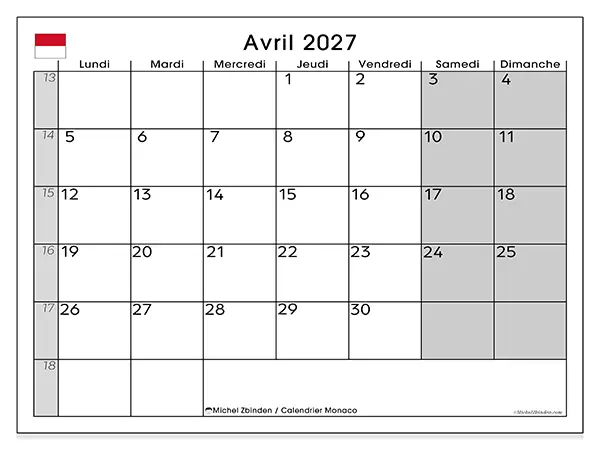 Calendrier avril 2027 à imprimer - Monaco